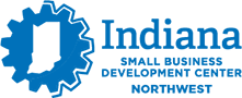 a blue logo with a gear on the left and "Indiana Small Business Development Center Northwest" on the right.